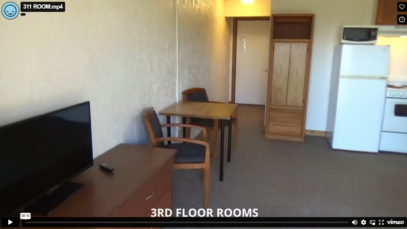 Third-floor hotel room with kitchenette and TV
